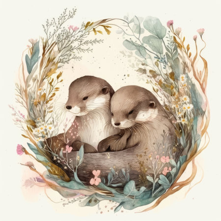 Two cute little otters in a floral frame. Watercolor illustration.の素材