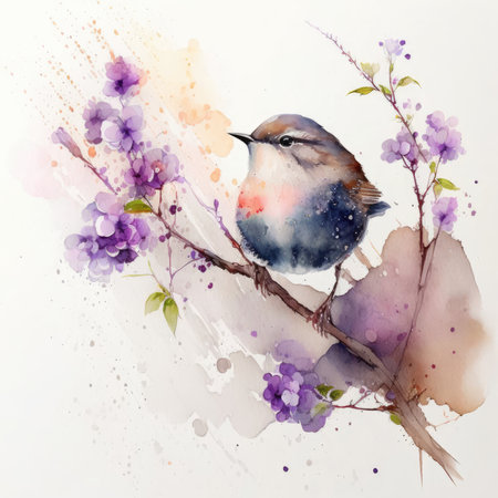 Watercolor painting of a bird on a branch of a blossoming treeの素材