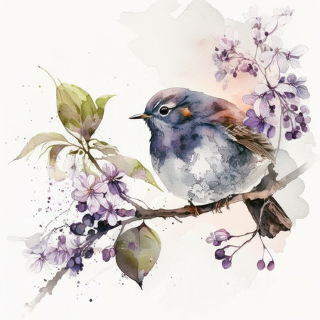 Watercolor illustration of a bird on a branch of a blossoming treeの素材