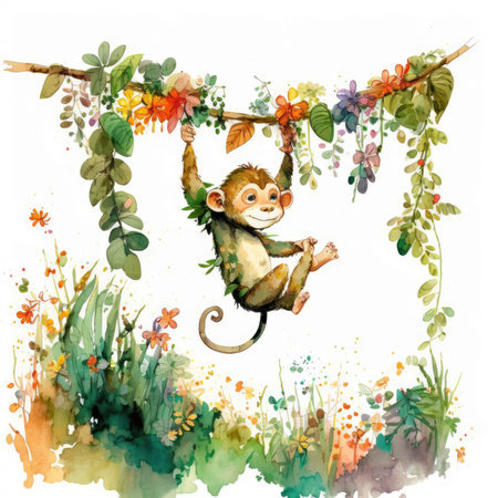 Watercolor illustration of a monkey hanging on a branch with flowers.の素材