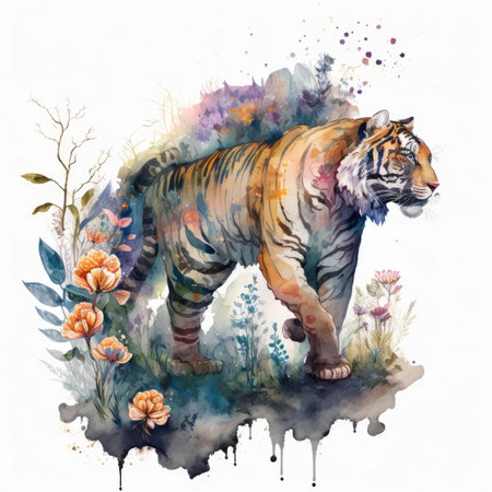 Watercolor illustration of a tiger on a white background with flowers.の素材