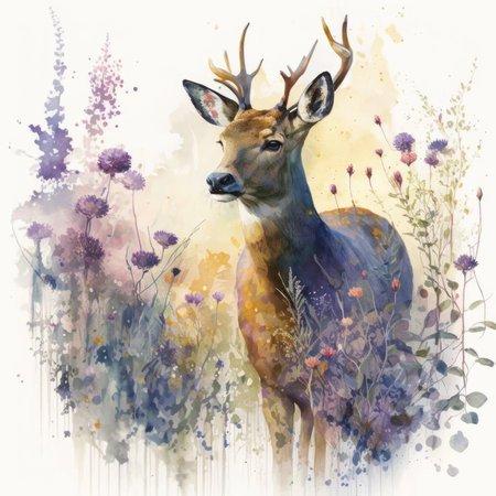Watercolor painting of a deer in a meadow with flowers.の素材
