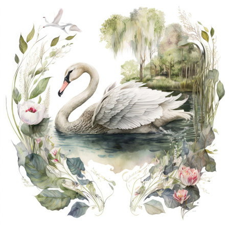 Watercolor illustration of a beautiful swan on a lake with flowersの素材