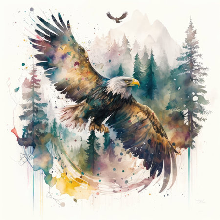 Watercolor painting of a bald eagle flying in the forest. Digital illustration.の素材