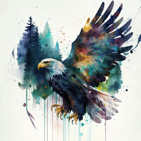 Eagle in the forest. Digital watercolor painting. Vector illustration.の素材