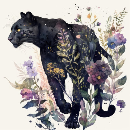 Watercolor illustration of a black leopard with flowers and leaves.の素材