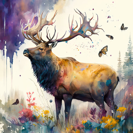 Painting of a big elk with antlers in the forestの素材