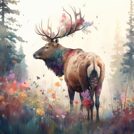 Digital painting of a bull elk in a meadow with flowersの素材
