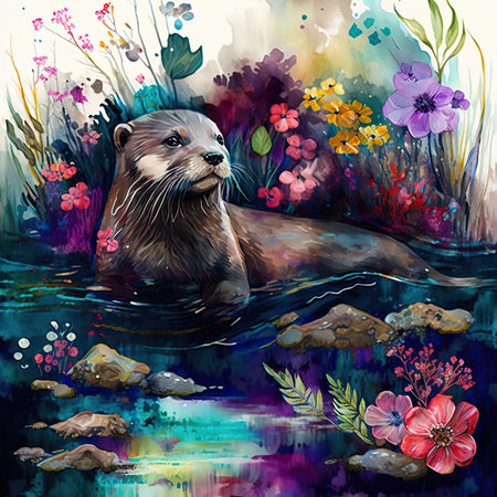 Watercolor illustration of an otter swimming in a pond with flowersの素材
