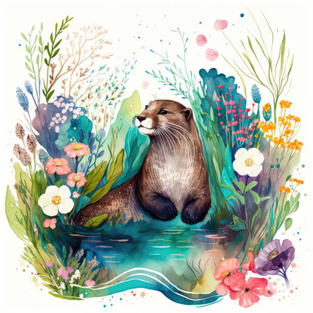 Watercolor illustration of a cute otter on a background of flowersの素材