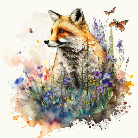 Watercolor illustration of a fox in a meadow with flowers.の素材