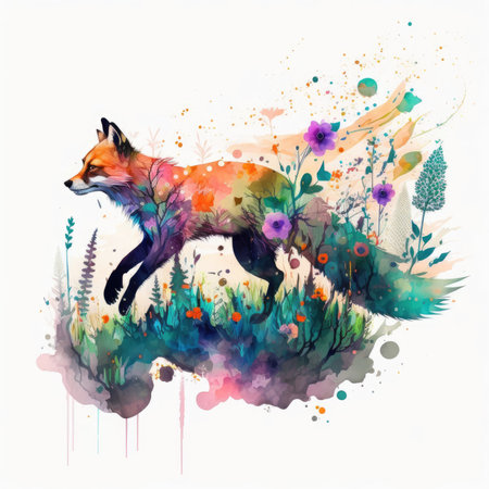 Watercolor illustration of a fox in a meadow with flowers.の素材