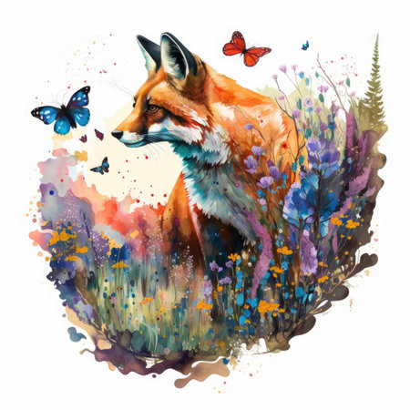Watercolor illustration of a fox and butterflies in the meadow.の素材