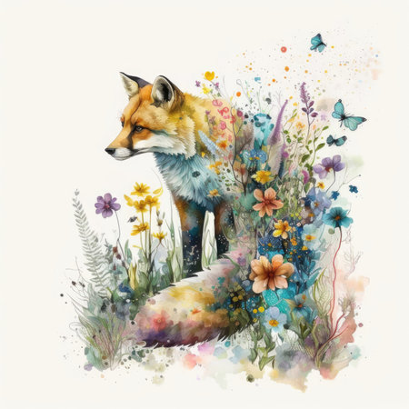 Watercolor illustration of a fox with flowers and butterflies on a white backgroundの素材
