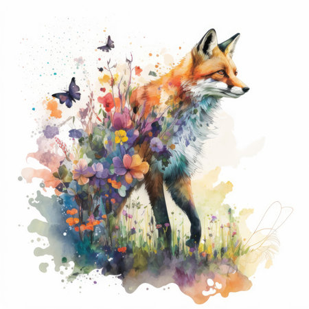 Watercolor illustration of a fox in a meadow with flowers.の素材