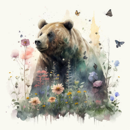Watercolor illustration of a brown bear in the meadow with flowersの素材