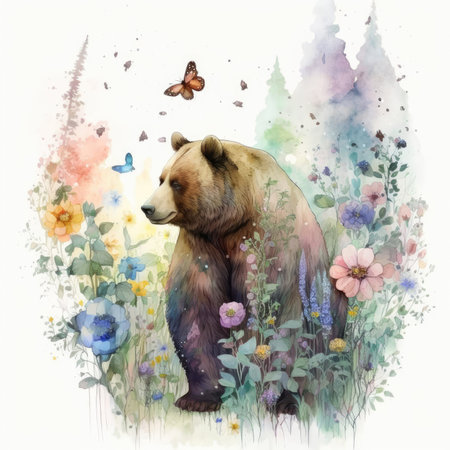 Watercolor illustration of a brown bear on a meadow with flowersの素材