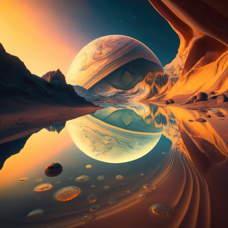 Fantasy alien planet. Mountain and lake. 3D illustration.の素材