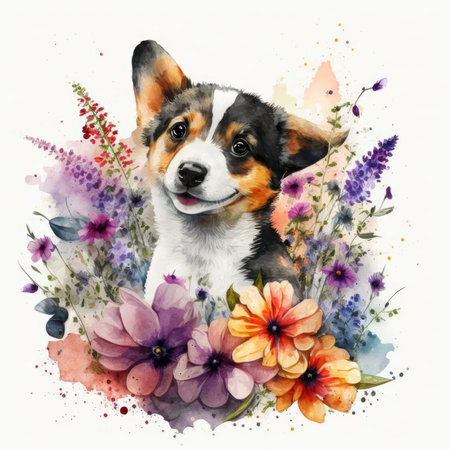 Watercolor portrait of a cute Welsh Corgi dog with flowersの素材