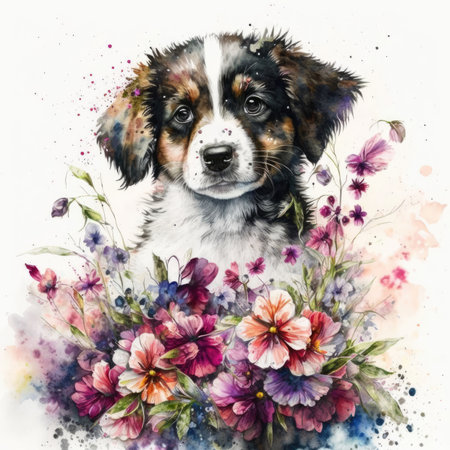 Watercolor portrait of a cute dog with flowers on a white backgroundの素材