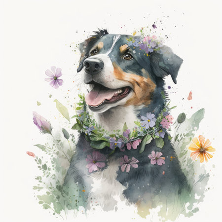 Watercolor portrait of a Bernese Mountain Dog in a wreath of flowersの素材