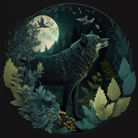 Illustration of a wolf in the forest with a full moon.の素材