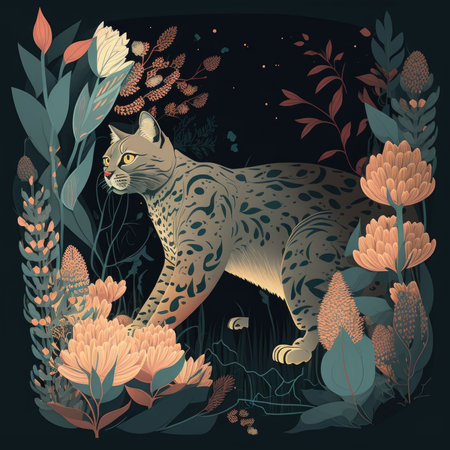 Beautiful vector illustration with wild cat, flowers and plants on dark background.の素材
