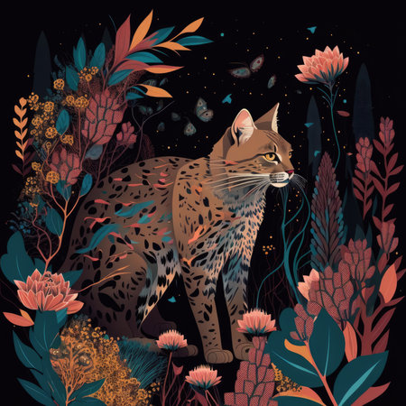 Beautiful vector illustration of a lynx in the forest with plants.の素材