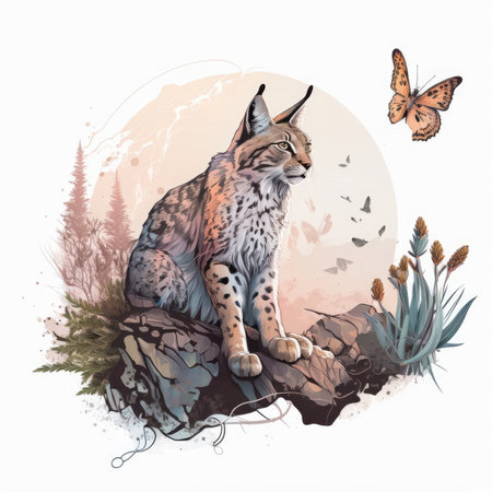 Watercolor illustration of a lynx sitting on a rock in the forestの素材