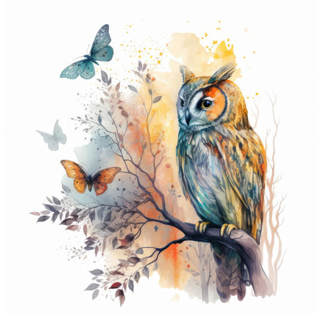 Watercolor owl with butterflies. Hand drawn illustration isolated on white background.の素材