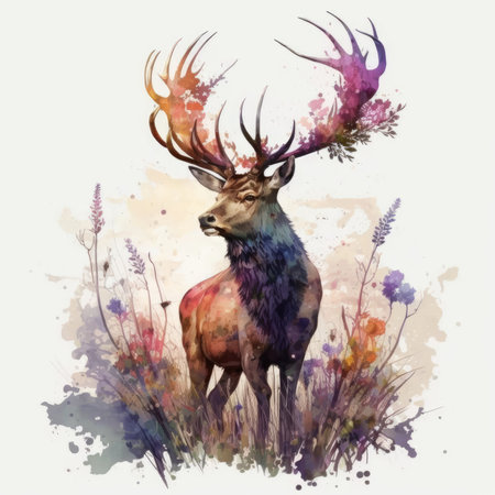 Watercolor illustration of a red deer with large antlers in the meadow.の素材