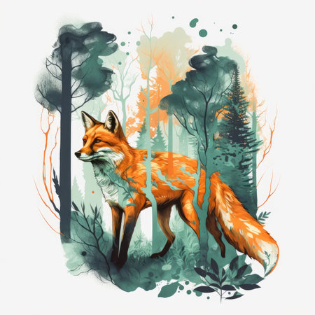 Watercolor illustration of a wild fox in the forest. Hand-drawn illustration.の素材