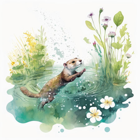 Watercolor illustration of a cute otter swimming in the pond.の素材