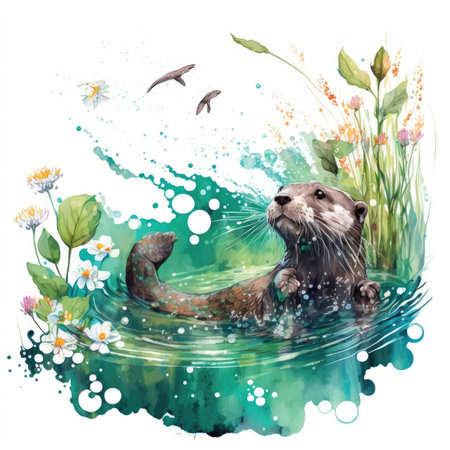 Cute otter in the water. Watercolor hand drawn illustrationの素材