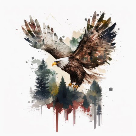 Watercolor painting of a bald eagle flying in the forest. Vector illustrationの素材