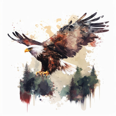 Watercolor illustration of a bald eagle flying in the forest. Vector image.の素材