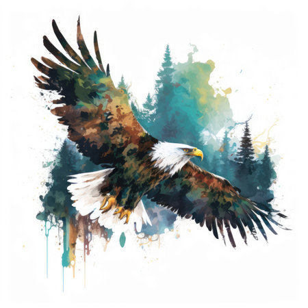 Watercolor painting of a bald eagle flying in the forest. Vector illustration.の素材