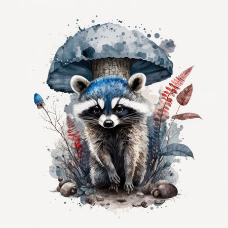 Watercolor illustration of a raccoon with a mushroom. Isolated on white background.の素材