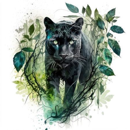 Watercolor illustration of a leopard on a background of green leavesの素材