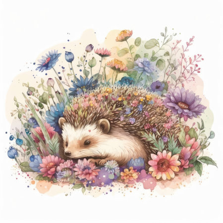 Cute hedgehog in the meadow with flowers. Watercolor illustrationの素材