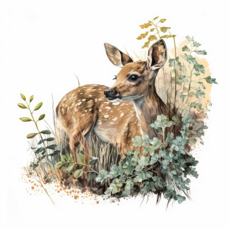Watercolor illustration of a fawn in the grass with flowers.の素材