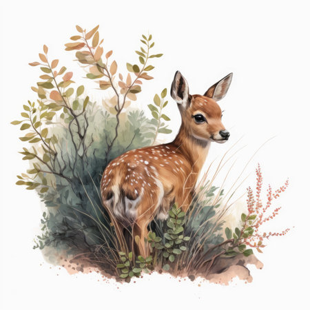Watercolor illustration of a whitetail fawn in the grassの素材