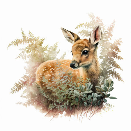 Watercolor illustration of a young deer with ferns on a white backgroundの素材