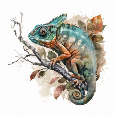 Watercolor chameleon on a branch. Hand drawn illustration.の素材