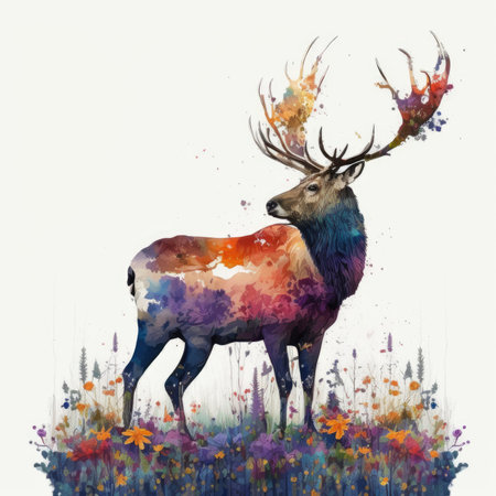Watercolor painting of a red deer on a meadow with flowersの素材