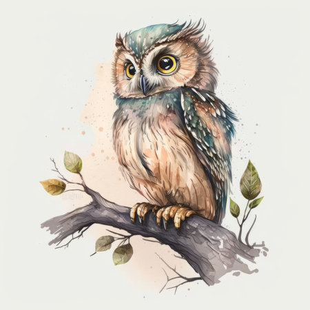 Watercolor owl on a branch. Hand drawn illustration isolated on white backgroundの素材