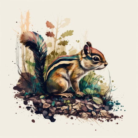 Illustration of a chipmunk sitting on the ground in the forest.の素材