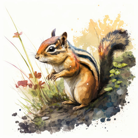 Funny chipmunk sitting in the grass. Watercolor illustrationの素材