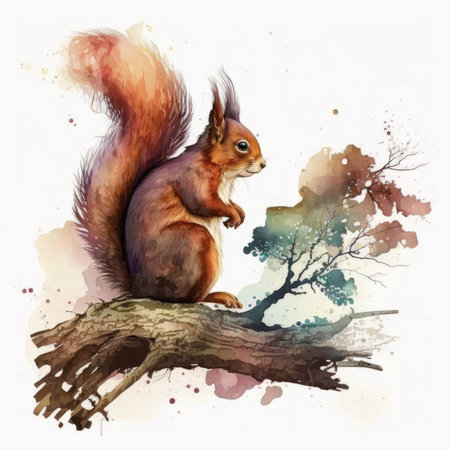 Watercolor squirrel sitting on tree branch. Hand drawn illustration isolated on white backgroundの素材