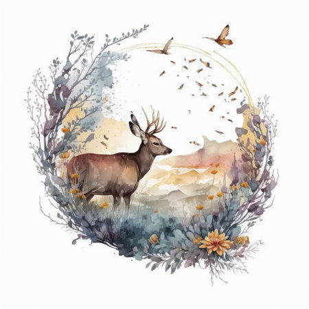 Watercolor illustration of a wild deer in the forest with a round frame.の素材